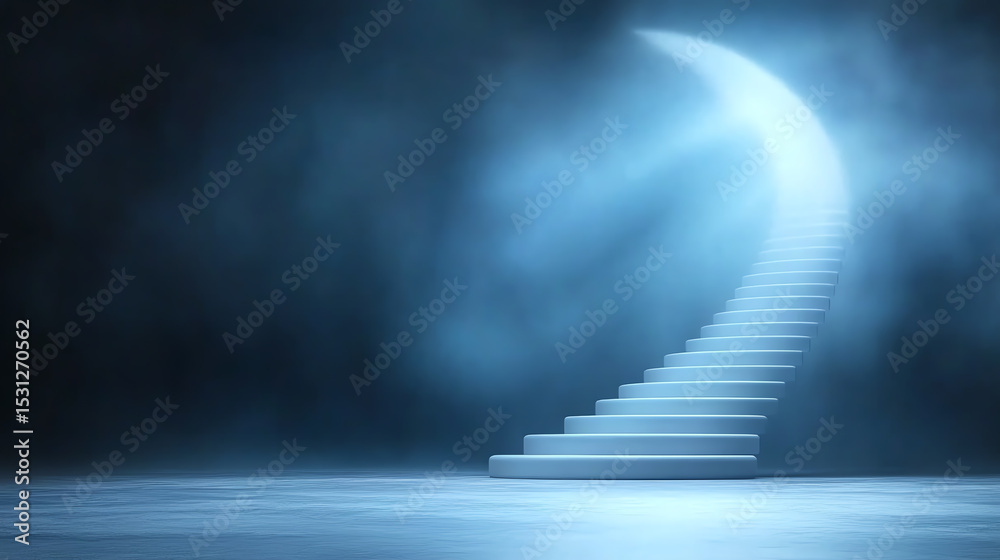 Poster a mysterious staircase illuminated by soft blue light, symbolizing hope and ascension in a tranquil,