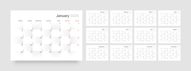 Monthly calendar layout for 2026 year. Diary planner for 2026 year. Week Starts on Monday. 