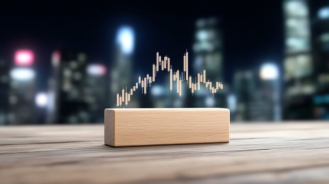 A modern wooden block with a financial graph symbolizing growth and investment against a blurred cityscape background.