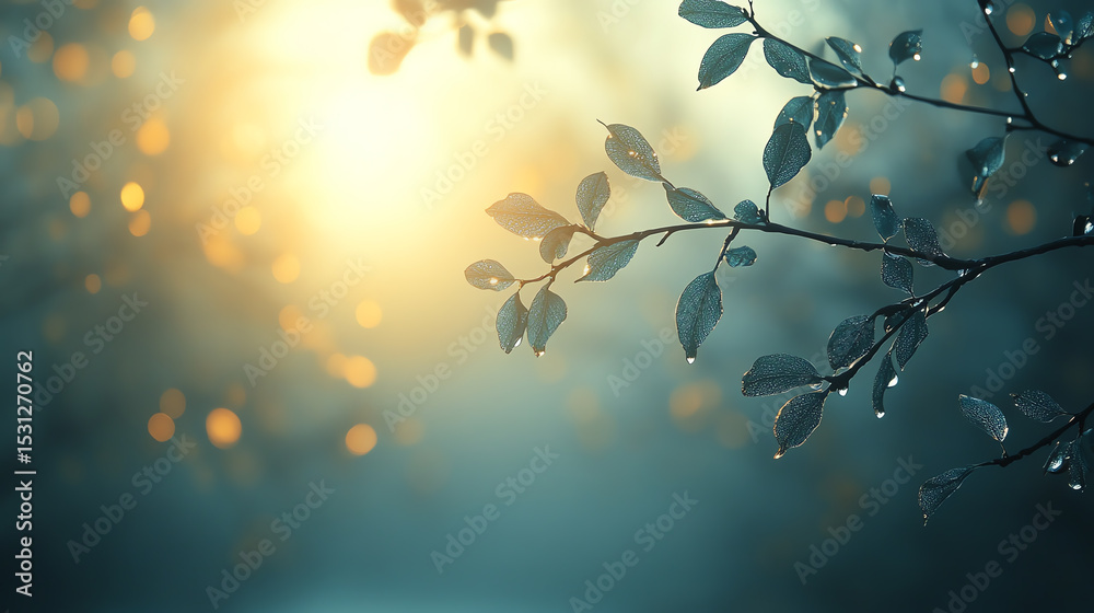 Poster A serene close-up of dew-covered leaves basking in soft morning light, creating a calm and tranquil atmosphere.
