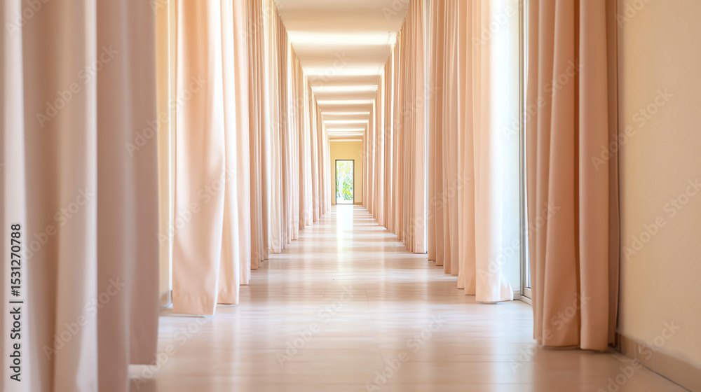Poster A serene corridor with soft curtains enhancing natural light, creating a peaceful and inviting atmosphere for relaxation.
