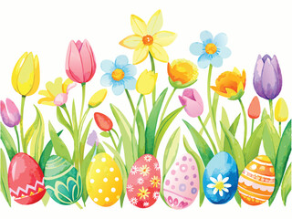 Colorful Easter Eggs & Spring Flowers Watercolor Clipart for Holiday Decorations