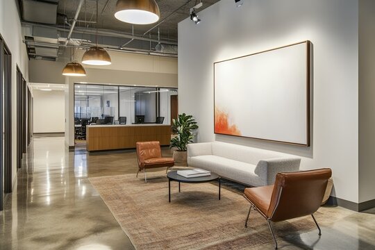 Modern office lobby with light-toned furnishings and an abstract painting