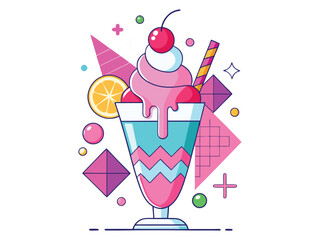 Vibrant Ice Cream Sundae Clipart: Retro 80s Style Dessert with Geometric Shapes