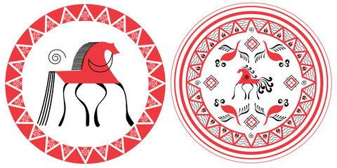 Vector set of red horses drawn in mezensky style. Mezen painting. Illustration of red horse in geometric art style in round ornament on white background