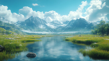 Fototapeta premium A serene landscape featuring mountains, a river, and lush green fields under a clear blue sky, perfect for nature enthusiasts.