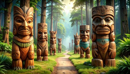 Pathway of Carved Wooden Totems Featuring Animal Spirits in Forest