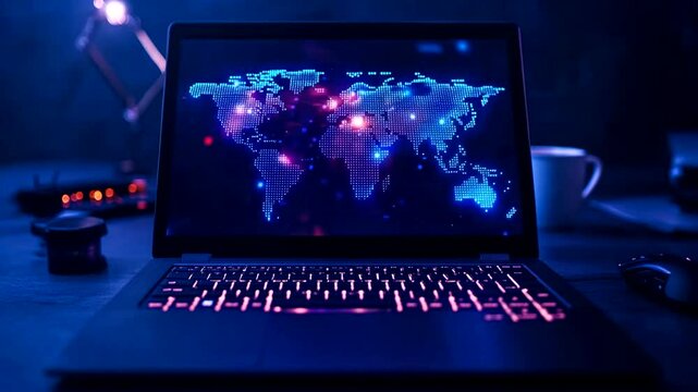 Illuminated keyboard of laptop with map background on screen