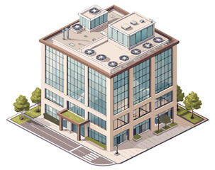 vector of a multi-story office building with glass windows and rooftop HVAC units in isometric view, isolated on white background
