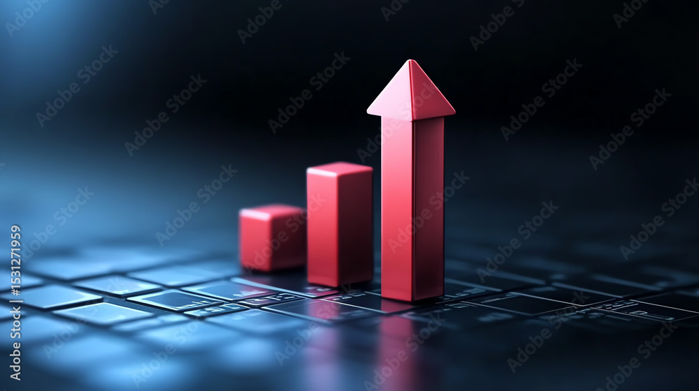 Poster a sleek digital representation of growth, featuring red bars increasing in height against a dark, te