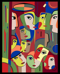 A  abstract composition featuring multiple overlapping faces in various bright colors. Each face is uniquely styled, withexpressive features creating a complex visual mosaic.
