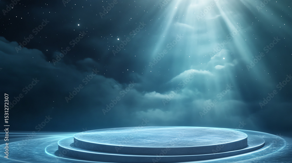 Poster A stunning abstract background featuring a circular stage illuminated by celestial light against a starry sky, creating an ethereal atmosphere.