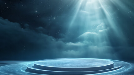 Fototapeta premium A stunning abstract background featuring a circular stage illuminated by celestial light against a starry sky, creating an ethereal atmosphere.