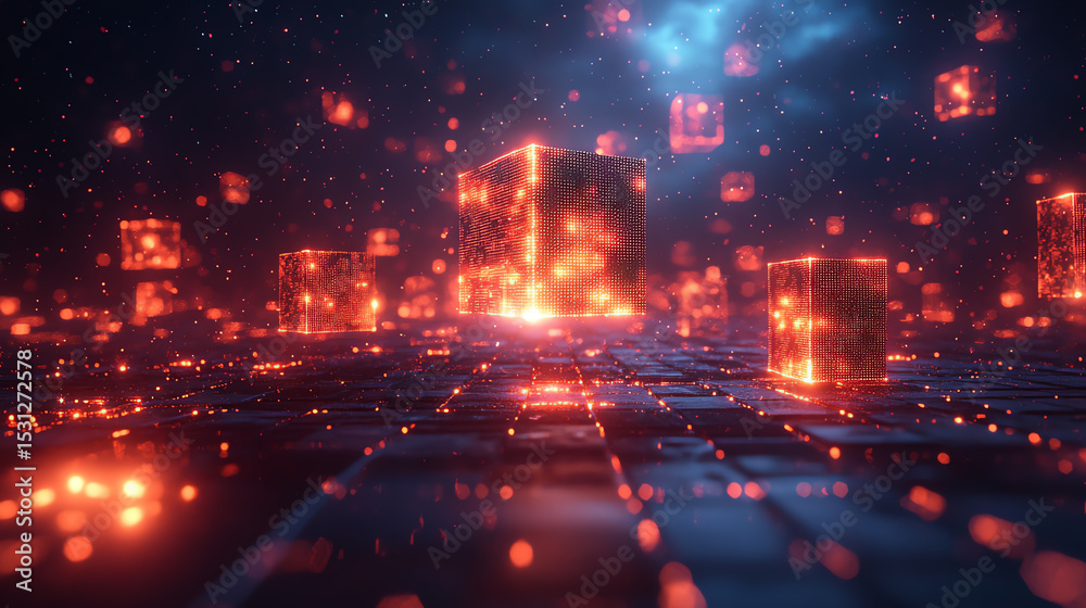 Poster a stunning digital landscape featuring glowing cubes and particles, representing the fusion of techn