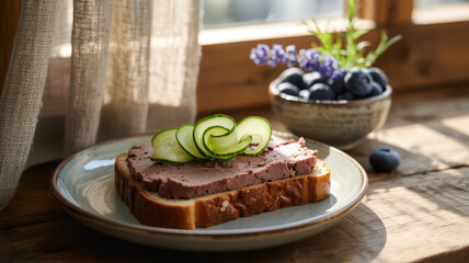 Savory p&acirc;t&eacute; toast with cucumber slices, accompanied by fresh blueberries.
