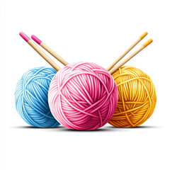 Vibrant balls of yarn—blue, yellow, and red—are arranged with three wooden knitting needles on a plain white background.