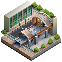 vector of an urban subway station entrance and underground tunnel layout in clean isometric view, white background
