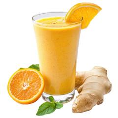 Refreshing orange ginger smoothie served with fresh orange slices and ginger root in a clear glass during a sunny day