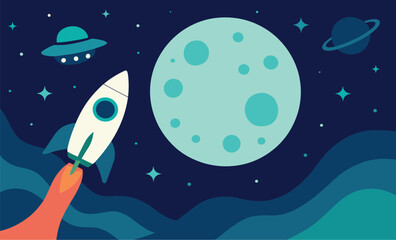 Vector Space Background with Rocket Takeoff, UFO and Planetary Rings © muhamad