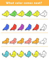 What color comes next? Educational logic game for kids with cute birds illustration. Worksheet for children.