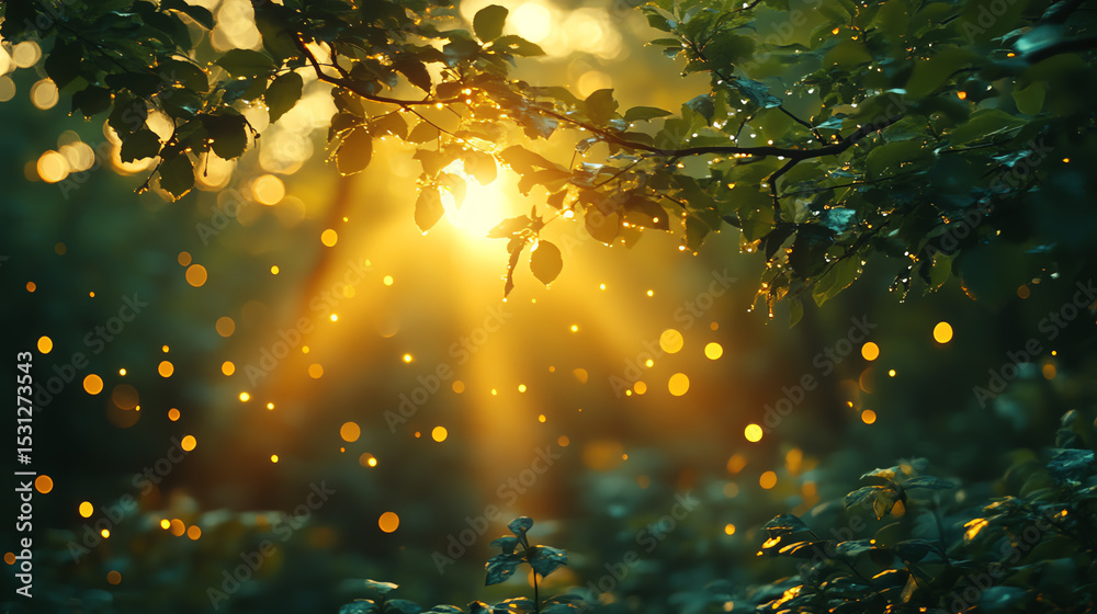 Poster a tranquil forest scene with sunlight filtering through lush leaves, creating a magical ambiance wit