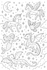 Pegasus, unicorn, griffin, dragon, mermaid and owl flying in the night sky between stars and clouds, fantasy coloring page for kids