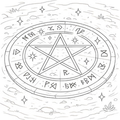 Naklejka premium Large stone summoning circle with a pentagram and runes glowing on the ground, surrounded by sparkles