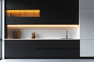 Modern, minimalist kitchen with black and white cabinetry.  A warm wooden accent highlights a section of the upper cabinets, illuminated by subtle lighting.  Kitchenware rests on the countertop