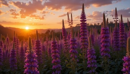 Purple Wildflowers in Bloom at Sunset — Scenic Nature Landscape with Vibrant Sky and Mountains