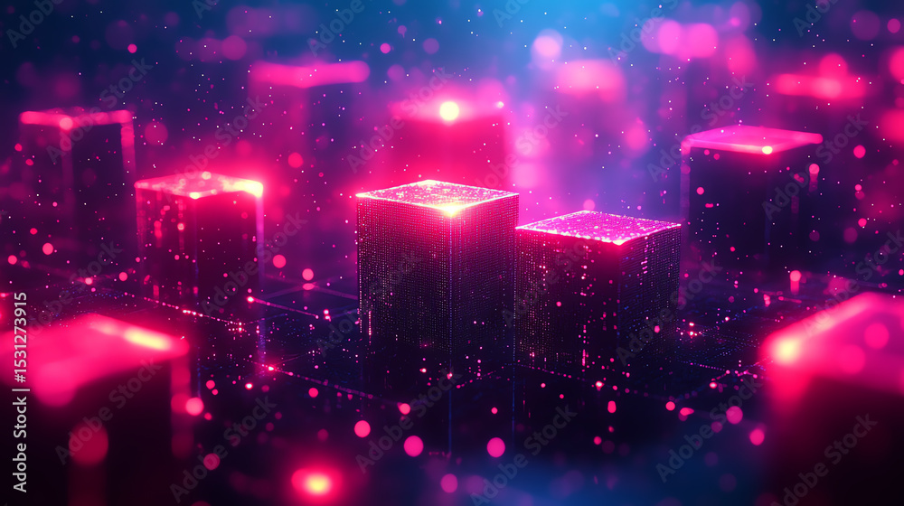 Aufkleber A vibrant abstract representation of illuminated blocks, showcasing modern technology concepts in a colorful digital landscape.