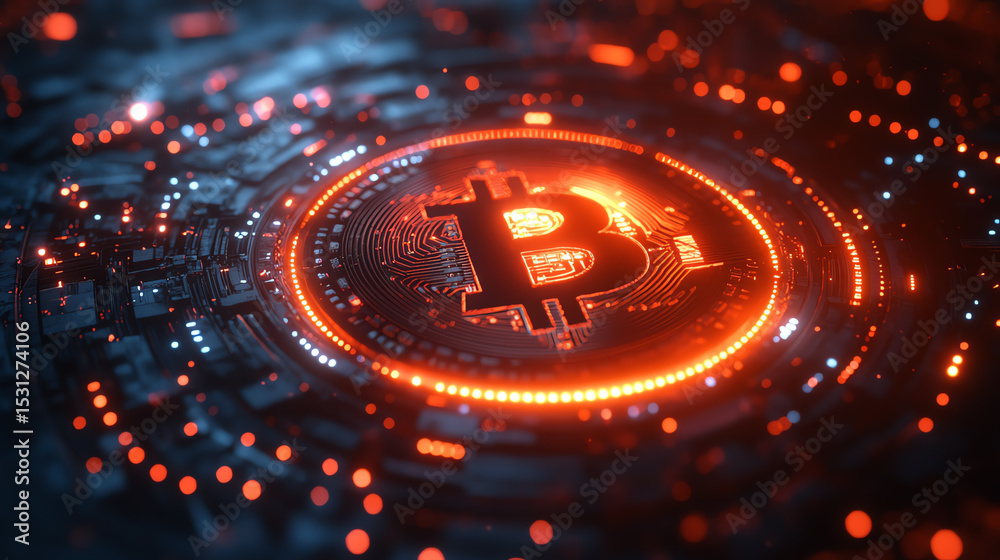 Poster a vibrant digital representation of bitcoin, showcasing its significance in modern finance and techn