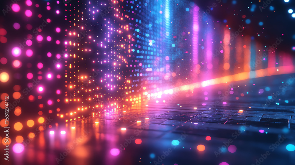 Poster a vibrant display of colorful light patterns creating a digital atmosphere, perfect for creative pro