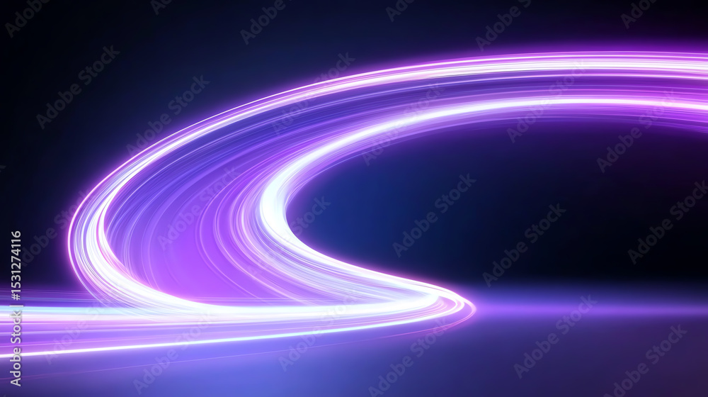 Poster a vibrant display of dynamic purple light trails against a dark backdrop, showcasing motion and ener