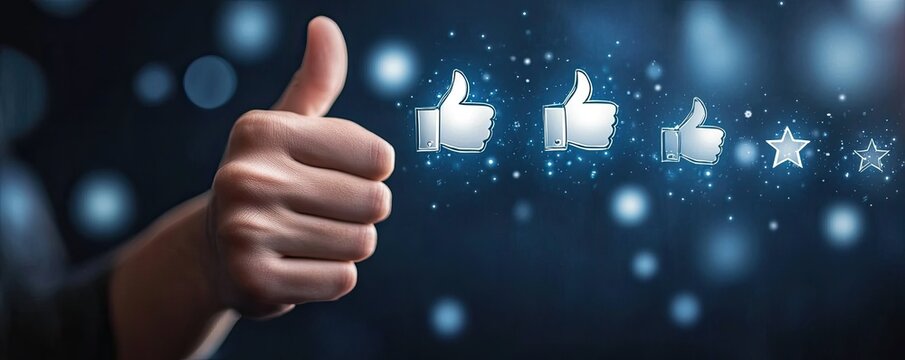 Hand giving a thumbs up, with multiple approval icons