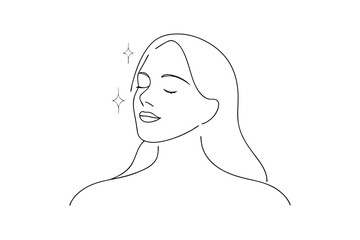 Serene woman line drawing, minimalist beauty illustration, glowing skin