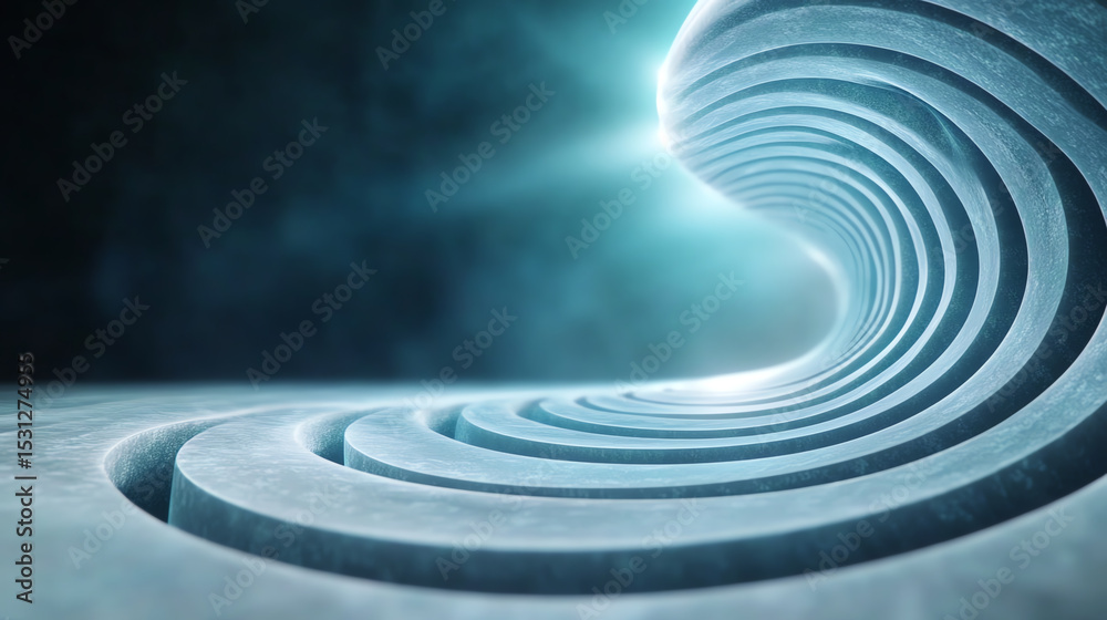Fototapete Abstract design featuring swirling shapes and glowing light, creating a sense of motion and depth in a futuristic space.