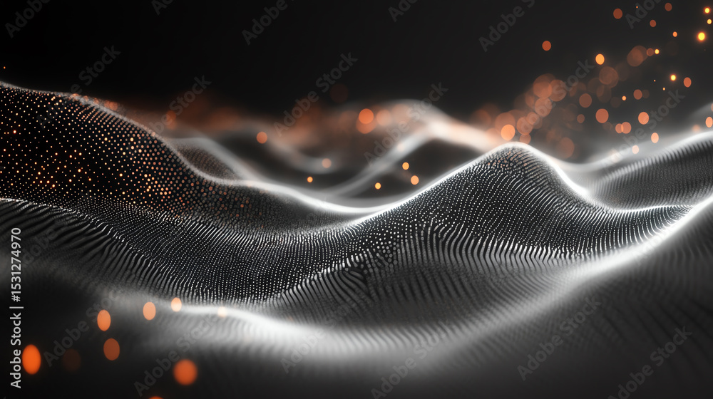 Poster abstract digital landscape with flowing lines and glowing particles, representing innovation and the