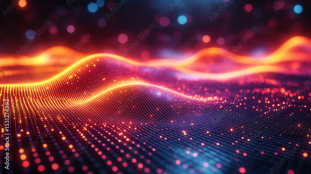 Poster Abstract digital landscape with glowing waves and colorful dots, representing data flow and innovation in technology.