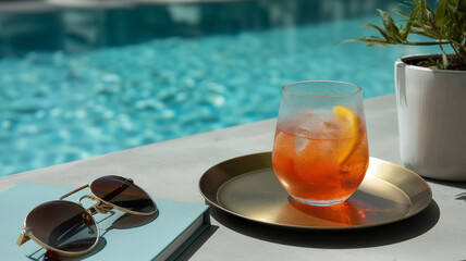 A vibrant cocktail and chic sunglasses evoke summer bliss by the poolside Generative AI