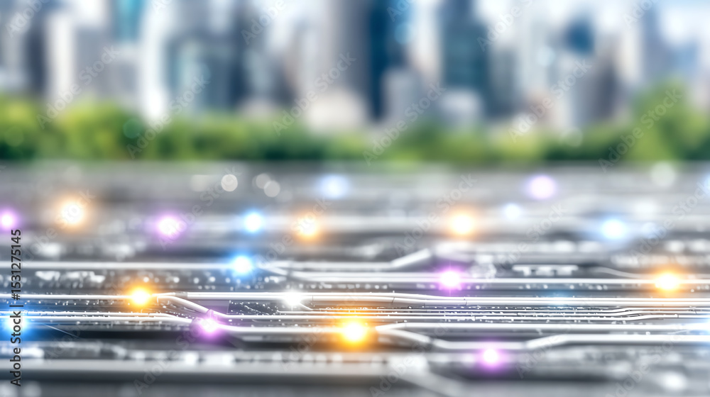 Poster Abstract view of electronic circuits with glowing lights, representing technological advancement and innovation in a modern city.