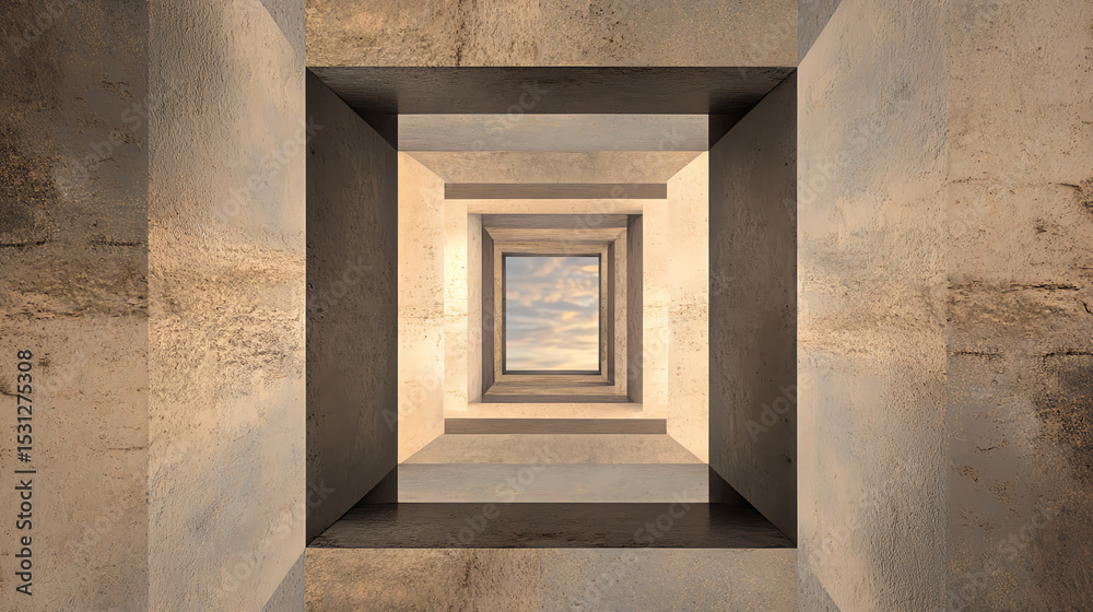 Poster An abstract perspective of a modern architectural structure, showcasing geometric shapes and light play in a captivating design.