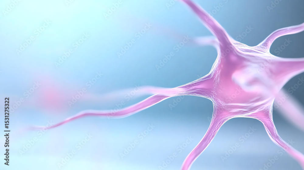 Poster An abstract representation of a neuron highlighting its structure and connectivity in a vibrant pink hue against a soft blue backdrop.