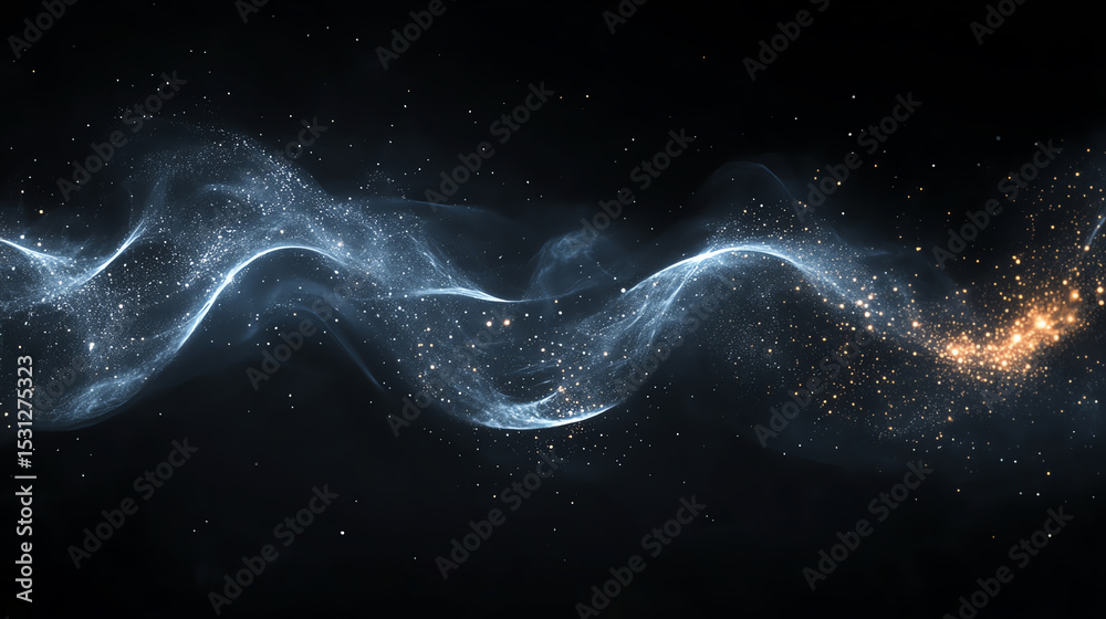 Poster an abstract representation of cosmic elements with waves of light and twinkling stars against a dark