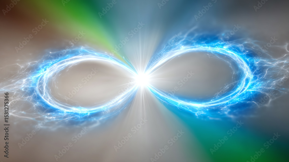 Poster An abstract representation of infinity, showcasing dynamic blue energy patterns amidst a gradient background of soft colors.