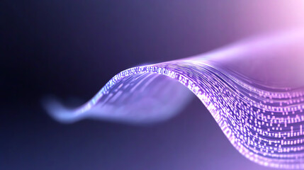 An abstract representation of digital data flow, featuring vibrant purple waves and binary patterns against a dark background.
