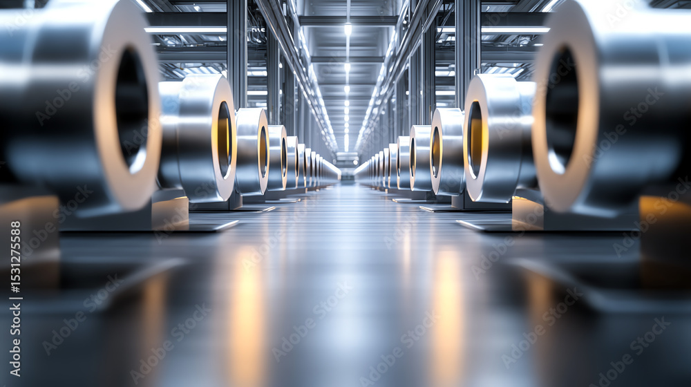 Poster an interior view of a modern factory featuring metallic components arranged in symmetry, showcasing 