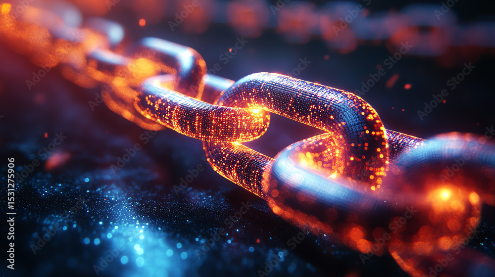 Poster close-up of a glowing chain, symbolizing strength, connection, and innovation in technology and digi