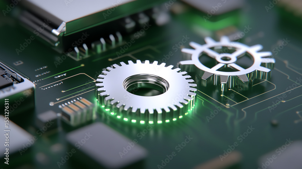 Poster detailed close-up of a circuit board featuring metal gears, showcasing integration of mechanics and 