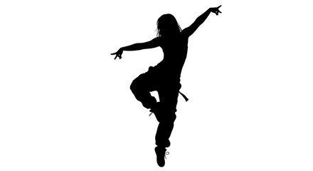 Silhouette of a dancer performing a dynamic pose against white background  