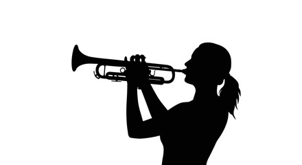Naklejka premium Silhouette of woman playing trumpet against a plain white background 